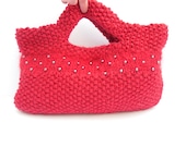 Red knitted bag . Clutch in Crimson 100% wool hand knitted in moss stitch , black felt lined , bead trim .