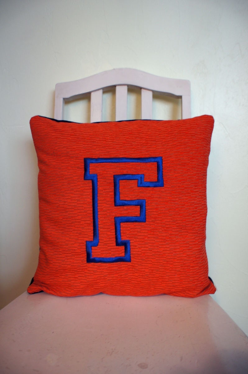 Gator Orange Corduroy 16 X 16 Pillow with Bright Blue Embroidered F for University of Florida