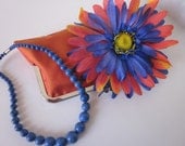 Bright Orange Raw Silk Clutch Purse with Orange and Blue Silk Daisy-Silver Gators/ Lining Blue & White Polka Dot
