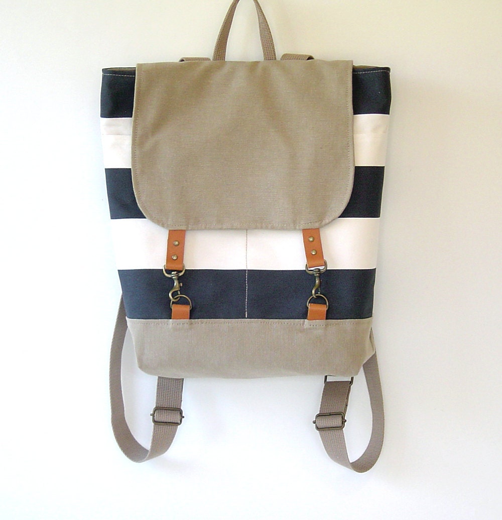 LAST ONE -Light Navy Stripe and Beige Backpack, Unique Design of BagyBag