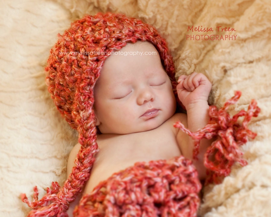 Crochet Baby Hat, Coral Pink Peach Tan Beige Newborn Baby Hat and MIni Blanket Set : Photography Prop
