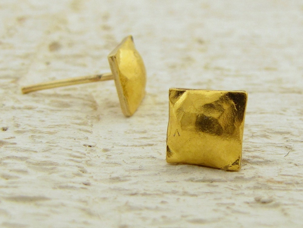 Gold Studs - 24k Solid Gold Stud Earrings  - Gold  Square Post Earrings