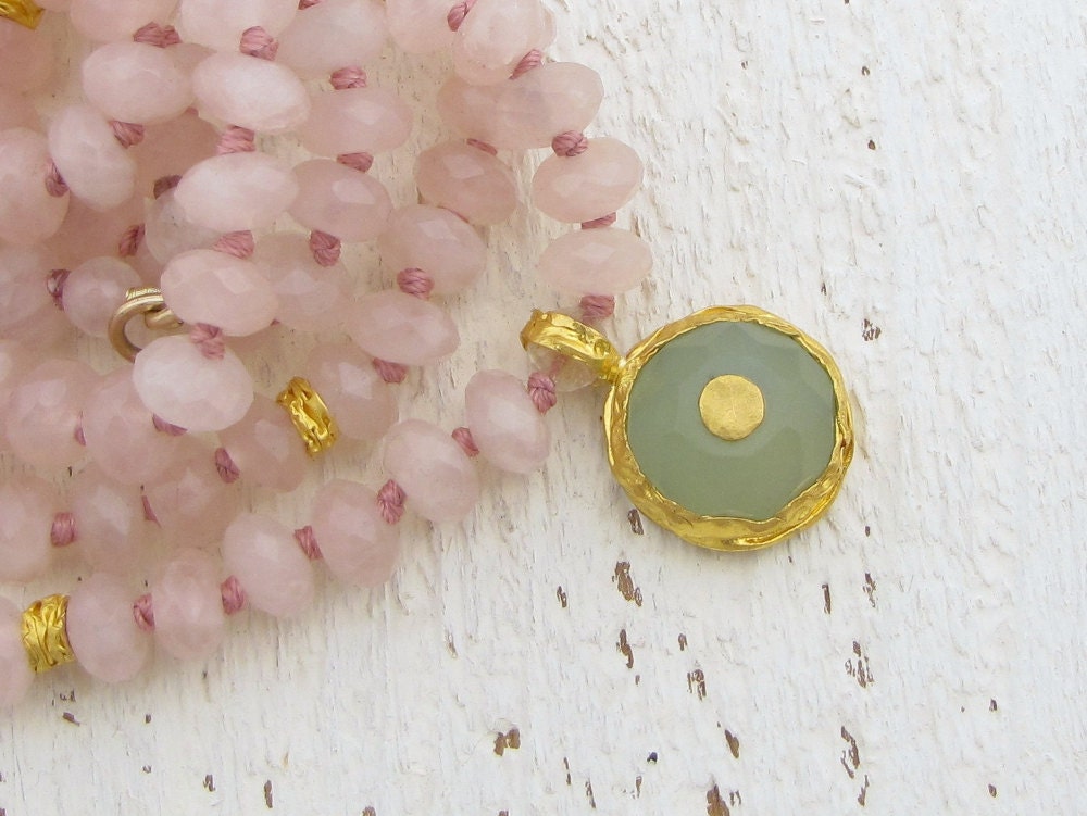 Statement Necklace, Rose Quartz & New Jade Necklace, 24k Gold Double Strand Necklace, Gemstone Necklace
