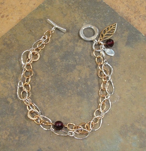 Silver, Bronze and Garnet Leaf Charm Bracelet