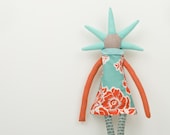 Plush - funky handmade doll With coll Haircut in  Natural earth tones,Blue, turquoise, orange and red flowers