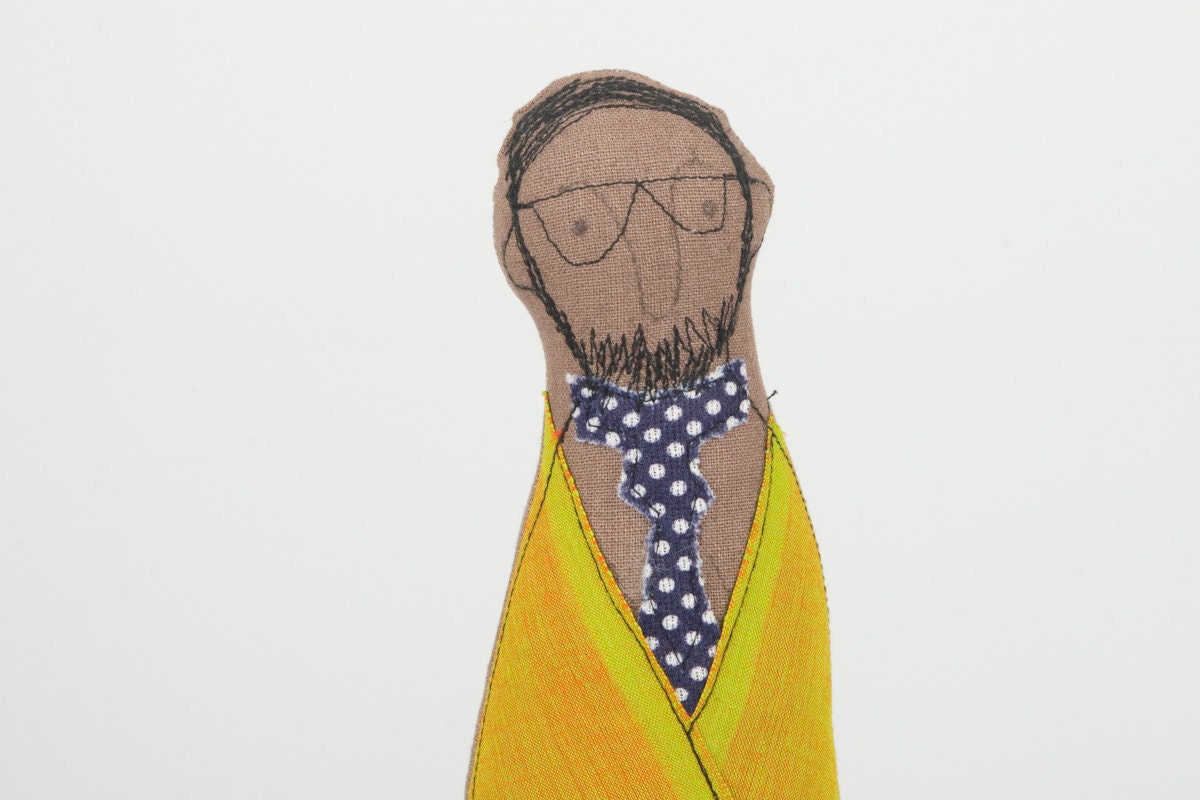 African Man -  guy with glasses And beard wearing  Yellow mustard jacket Blue corduroy pants and dotted tie  - handmade