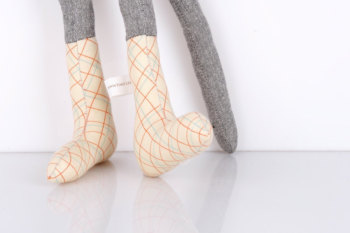 Autumn Mouse :Light Gray Mouse Wearing Light yellow Checkered socks  - handmade fabric doll