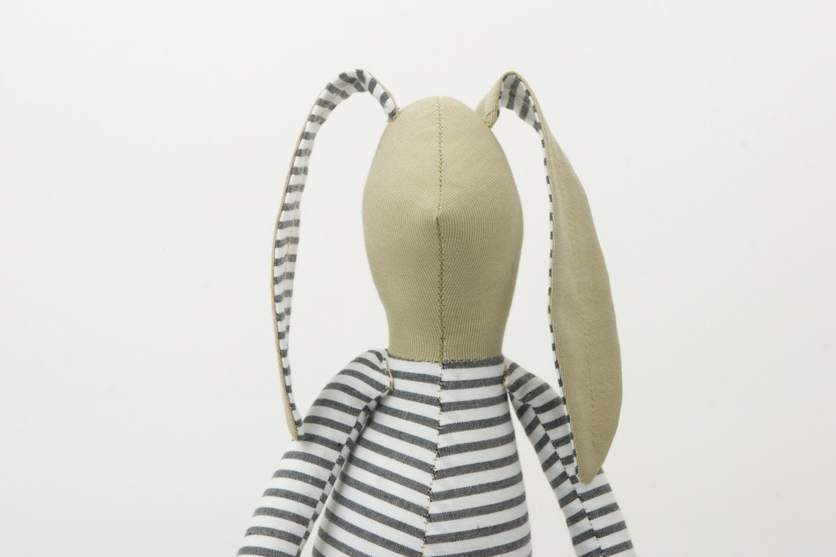 Reserved for Dalia  Plush  - Olive Green Rabbit in Blue and white striped shirt Wearing jeans - fabric handmade doll