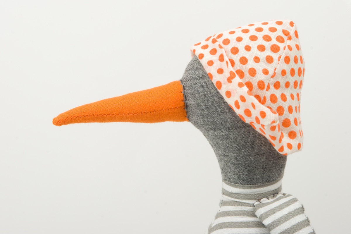 Bird Doll - gray  duck  Wearing White & gray stripes Shirt , jeans  pants  And a white hat with orange dots - handmade