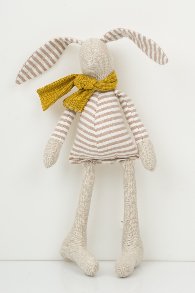 Little Easter bunny , dressed for spring in beige striped shirt and mustard scarf - handmade fabric doll