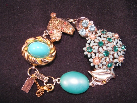 Reclaimed Vintage Bracelet, Vintage Earring Bracelet, Bridesmaid Gift - Turquoise  Garden