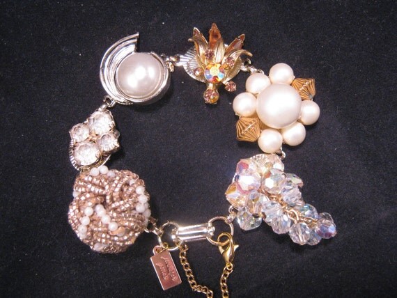 Bridesmaid Gift, Vintage Earring Bracelet, Wedding Bracelet, Charm Bracelet, Statement Assemblage, Reclaimed Vintage Bracelet,  - Glitter