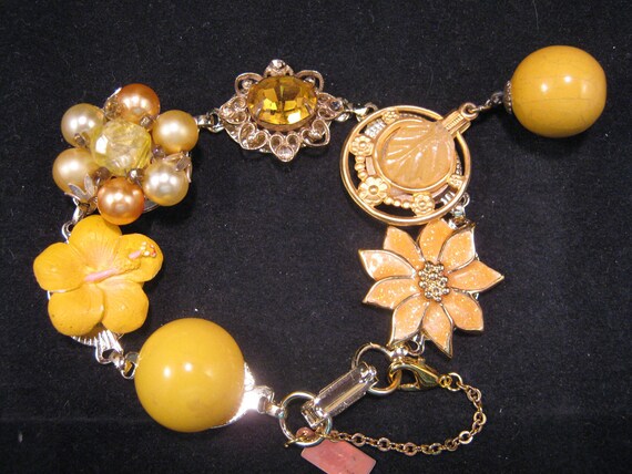 Reclaimed Vintage Bracelet, Bridesmaid Gift, Vintage Earring Bracelet, Statement Assemblage,Under 40, Wedding Bracelet - Marigold