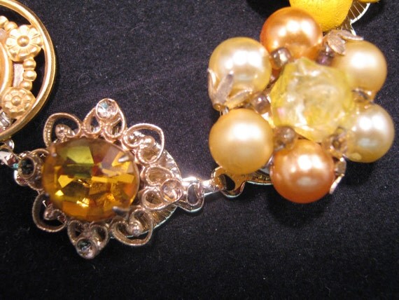 Reclaimed Vintage Bracelet, Bridesmaid Gift, Vintage Earring Bracelet, Statement Assemblage,Under 40, Wedding Bracelet - Marigold
