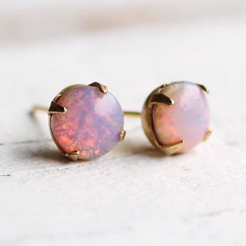 Pink Firestone Earrings ... vintage pink opal stud earrings in brass gold settings