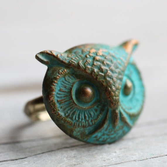 Owl Ring .. Verdigris Bird with Antique Gold