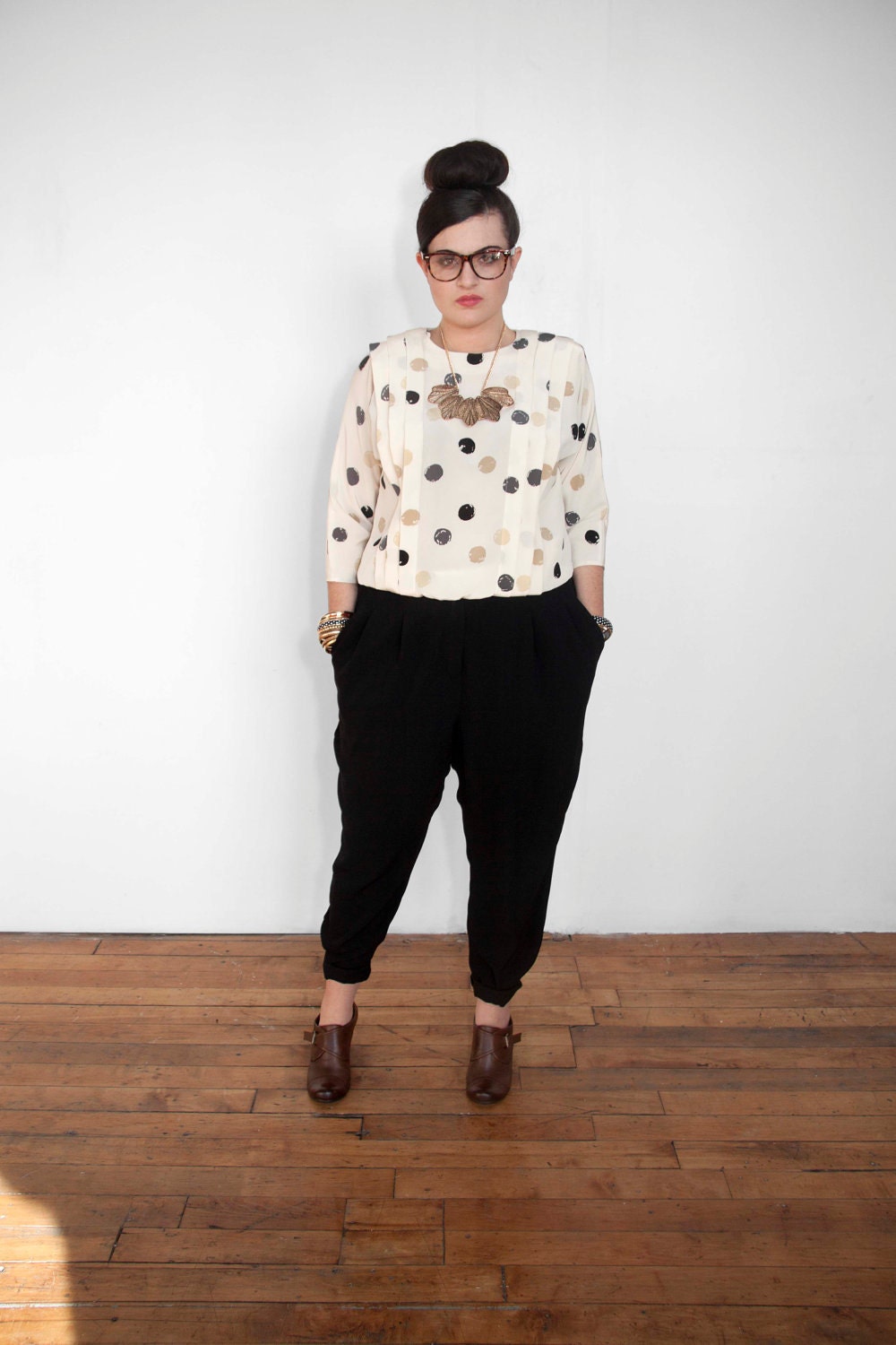 Vintage 80's Polka Dot Pleated Blouse // Spring // X-Large
