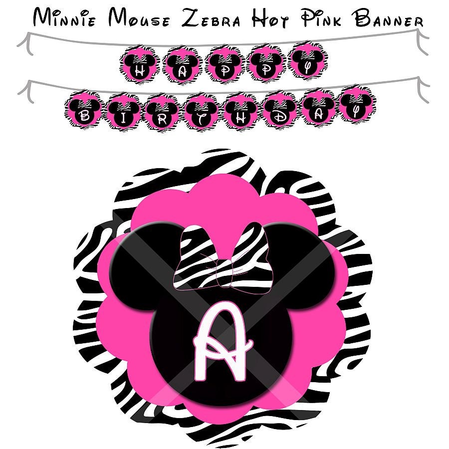 INSTANT DOWNLOAD -  Printable Minnie Mouse Inspired Banner - A-Z and 0-9 - Zebra - Hot Pink