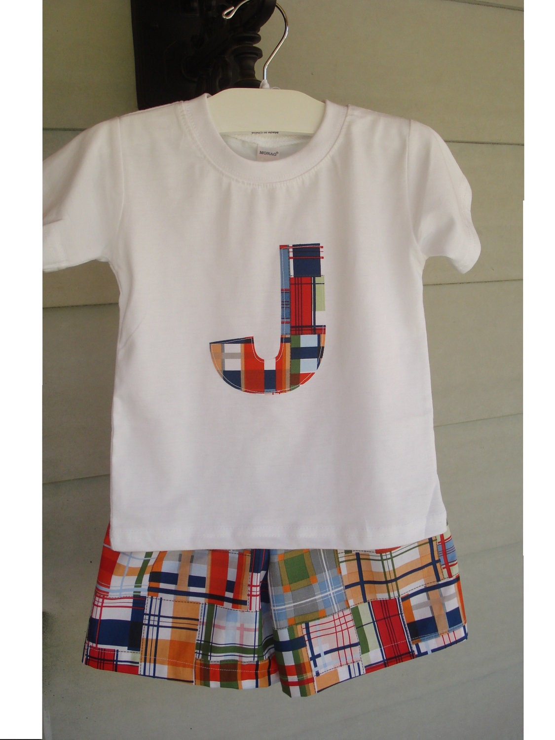 Boys shorts and t-shirt with initial, Coastal Madras Michael Miller fabric by Baby Harrill