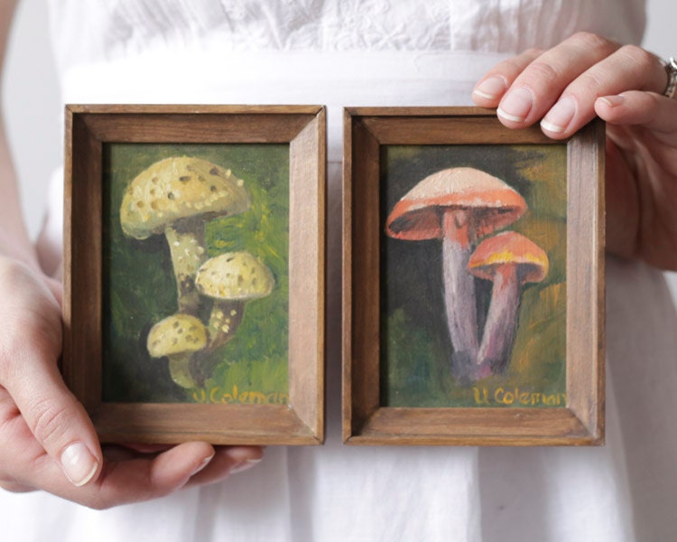 Vintage Paintings - Pair of Miniature Mushroom Still Life Paintings in Wood Frames