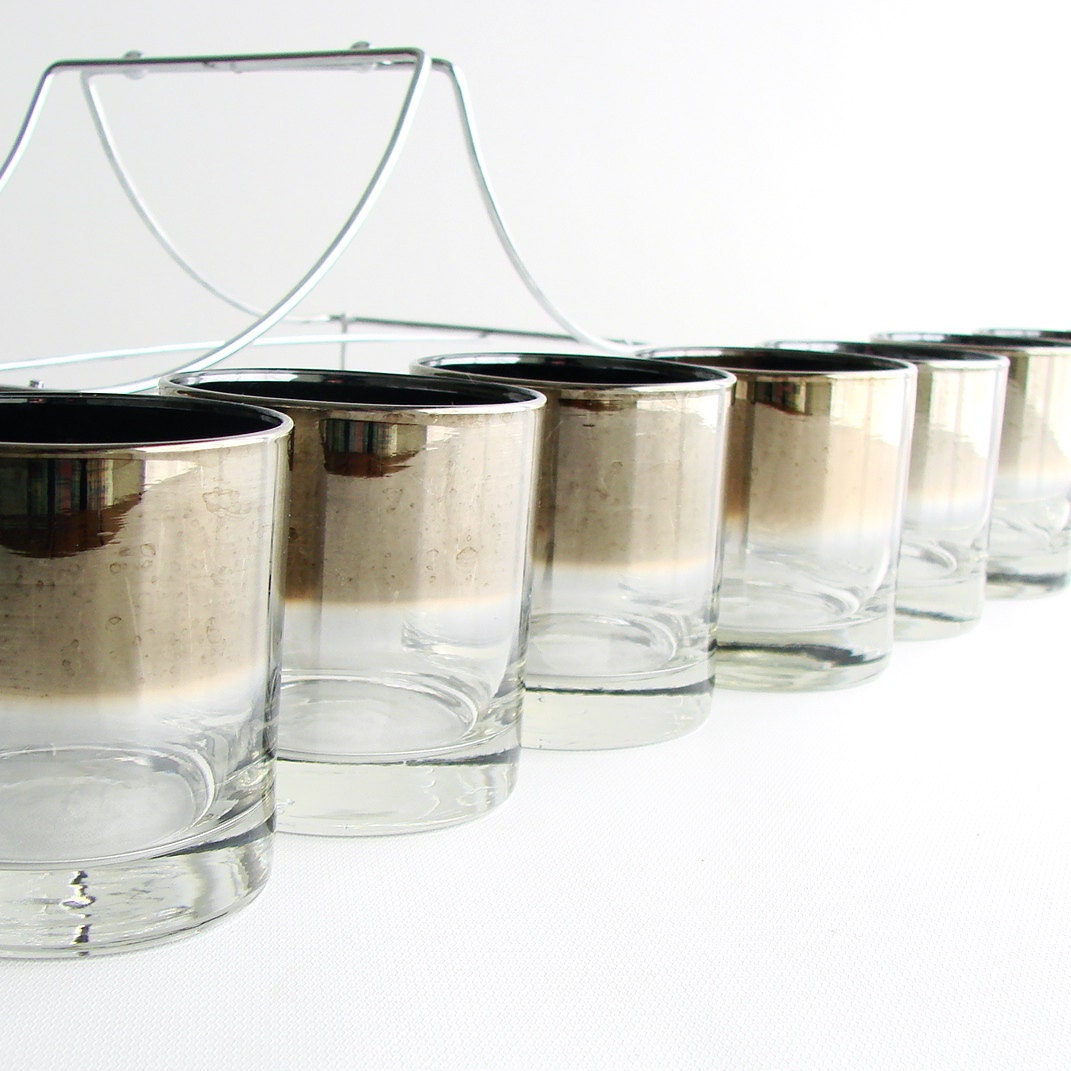 RESERVED. Vintage Silver Ombre Cocktail Glasses in Chrome Caddy. Set of 8. Circa 1960s.