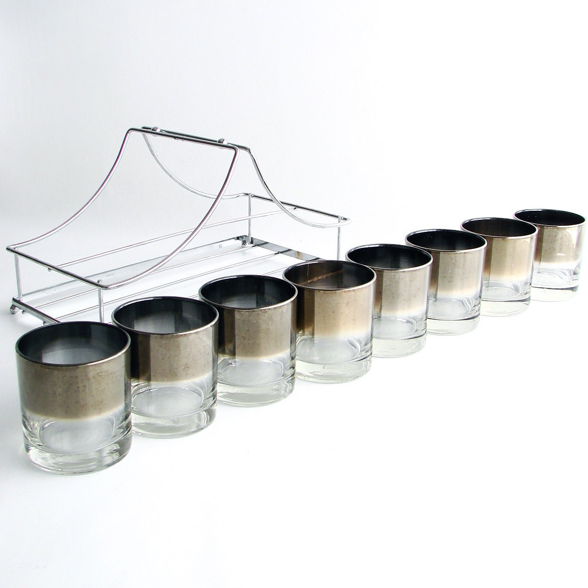 RESERVED. Vintage Silver Ombre Cocktail Glasses in Chrome Caddy. Set of 8. Circa 1960s.