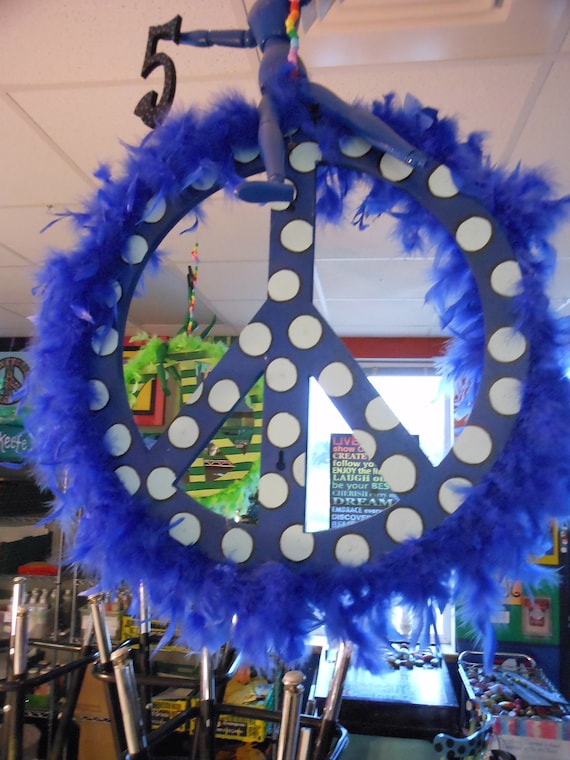 Jez4U Peace Signs BIG and One of a KIND Handpainted Whimsy 18 inch PEACE Signs finished off with a feathered boa