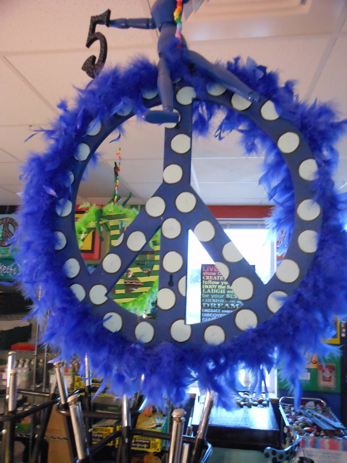 Jez4U Peace Signs BIG and One of a KIND Handpainted Whimsy 18 inch PEACE Signs finished off with a feathered boa