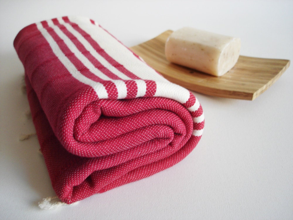 10% SALE Coupon Code: SpringSummer // Turkish BATH Towel Handwoven Peshtemal - SOFT - Cherry Color