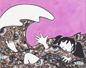 Wave 8x10 Fine Art Print, Reproduction, Mixed Media Collage, Weird, Surreal, Abstract, Illustration, Eyes, Pink