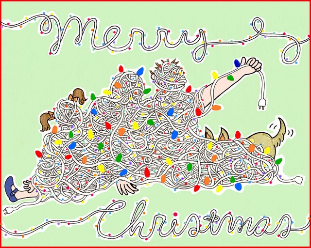 Funny Christmas Card - Family Tangled in Holiday Lights - 5x7, Blank, Weird, Unusual, Silly, Unique Art