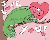 Chameleon Valentine Greeting Card, Lizards in Love, 5x7 Blank Card, I Love You, Pink Hearts, Valentines Day Card