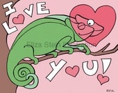 Nursery Art, Chameleon, Lizard, 8x10, Fine Art Print, Childrens Wall Art, I Love You, Pink Hearts, Valentines Day