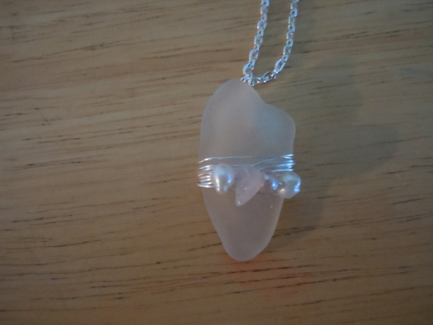 Opaque white sea glass pendant with pearls and rose quartz