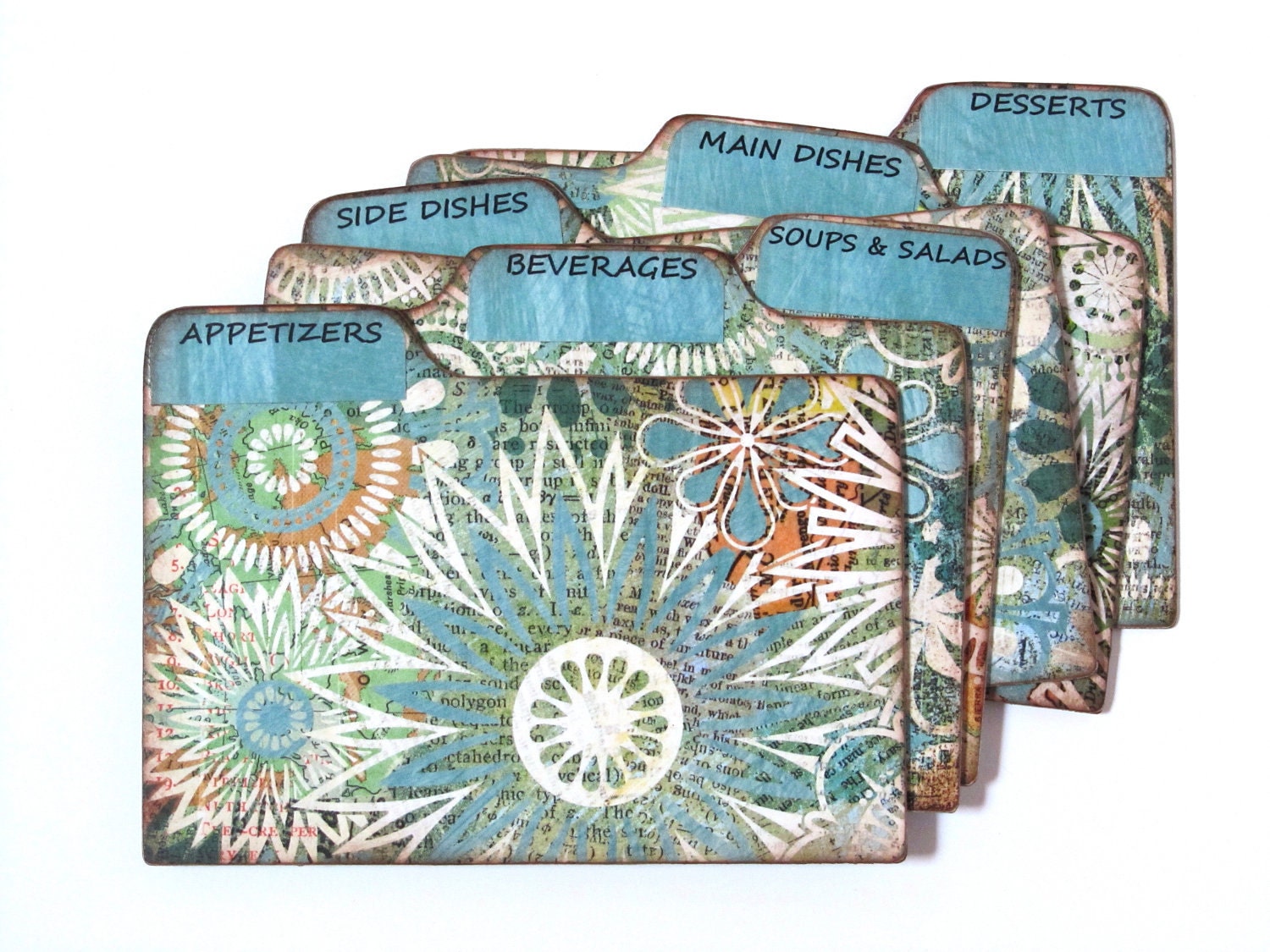Recipe Box Dividers made of Formica - Teal Turquoise Flowers - for 4x6 inch recipe cards