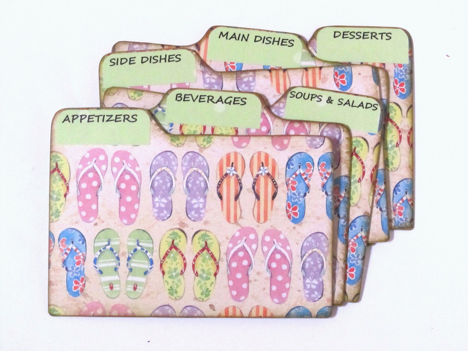 Recipe Box Dividers made of Formica - Flip Flops in the Sand - 4x6 inch recipe card dividers