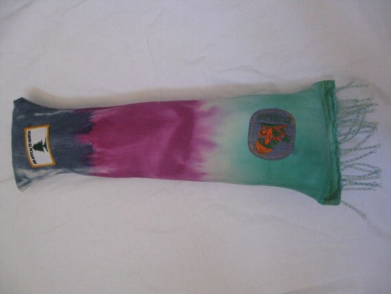 Upcycled blue jean tie dyed Pillow with vintage patch green purple OOAK