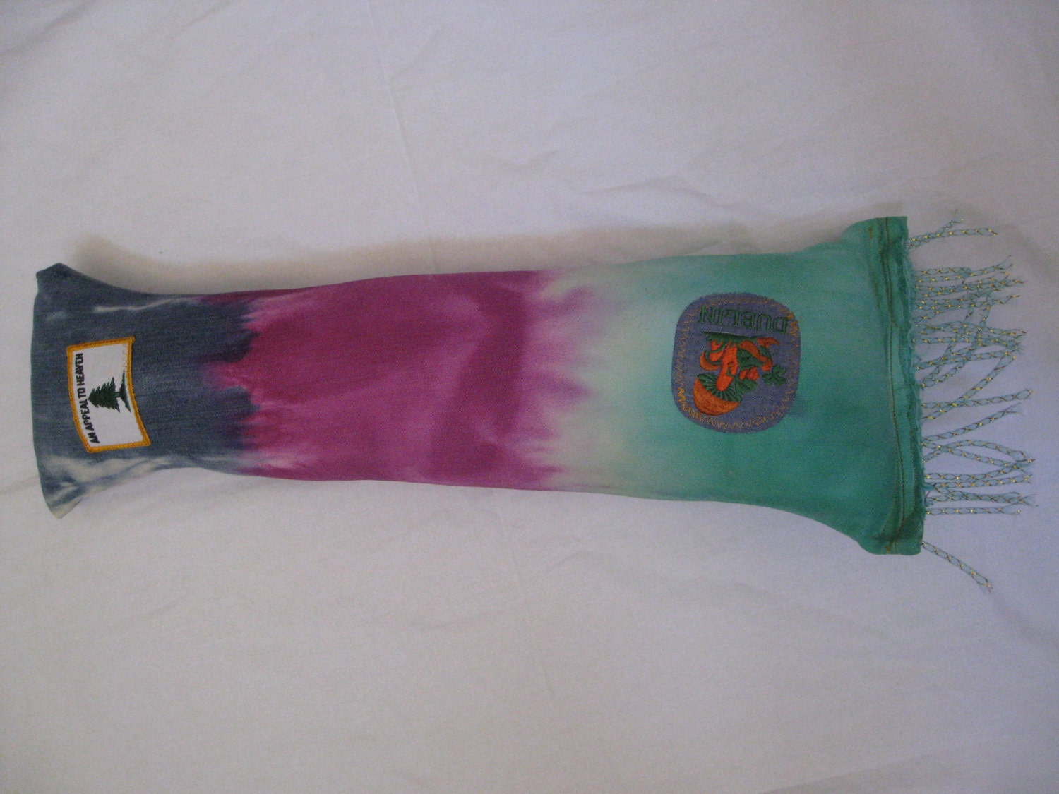 Upcycled blue jean tie dyed Pillow with vintage patch green purple OOAK