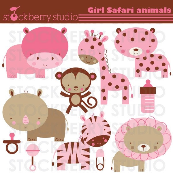 Girl Safari Animals Personal and Commerical Use Vector Clipart Set - INSTANT DOWNLOAD