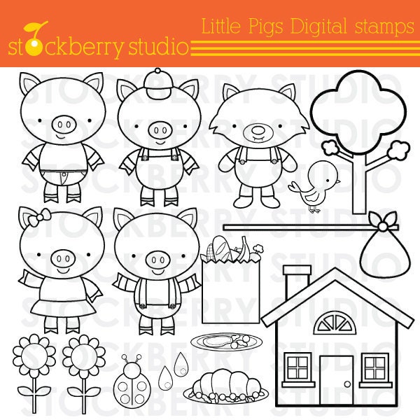 Three Little Pigs Digital stamps clipart set - Instant Download