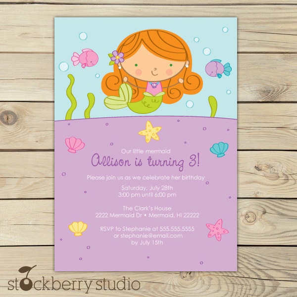 Redhead Mermaid Birthday Party Printable 5x7 Invitation Il_170x135