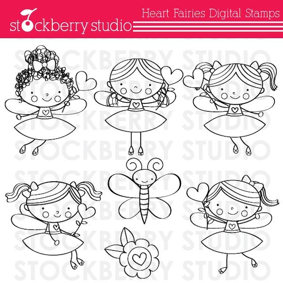 Heart Stick Figure Fairies Digital Stamp set - Valentine's Day - INSTANT DOWNLOAD Il_570xn