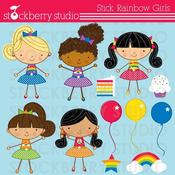 Rainbow Stick Girls Personal and Commercial Use Clipart Set - INSTANT DOWNLOAD Il_570xn
