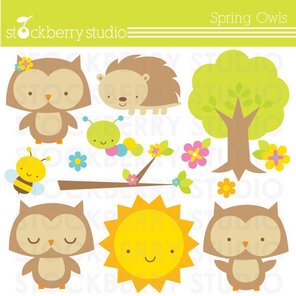 Spring Owls Personal and Commerical Use Clipart Set - INSTANT DOWNLOAD Il_570xn