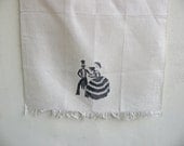 Vintage Tea Towel Linen Hand Towel Victorian Couple White Black Romantic Cottage Decor Old Fashioned