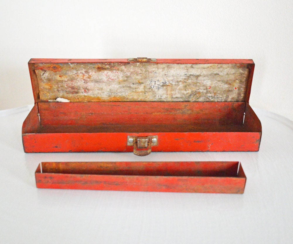 Vintage Red Metal Box with Tray Industrial Decor Storage Organize Pencil Case Art Tool Craft Box Rusty Rustic For Him