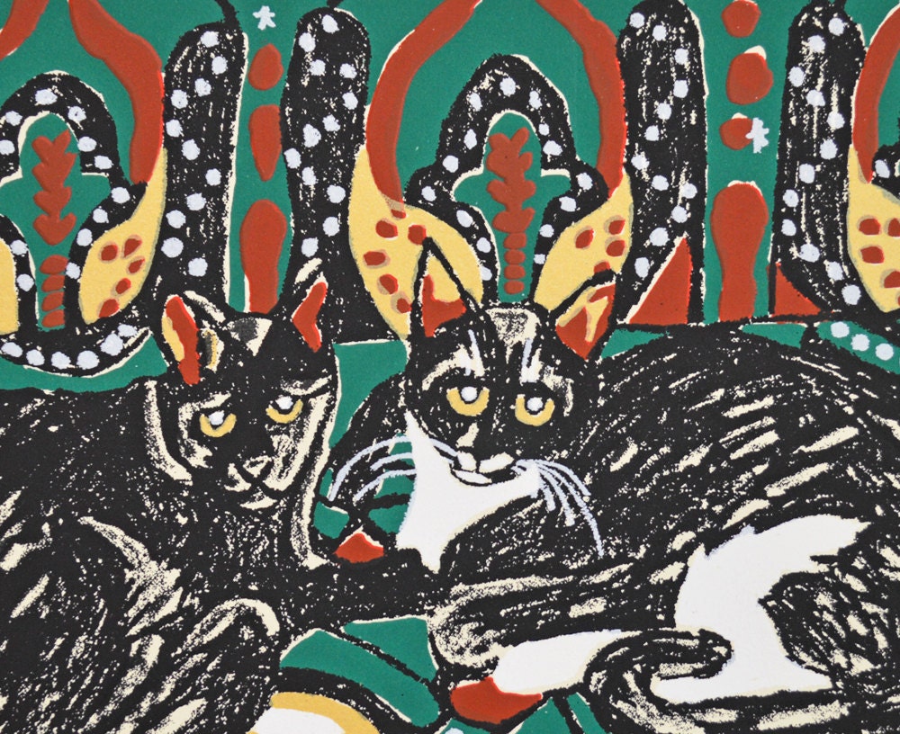 Chaos at Rest Fine Art Reproduction Print 5 x 7 Kittens Tuxedo Black Cat Textile Patterns Archival Print Green Red Black Gold