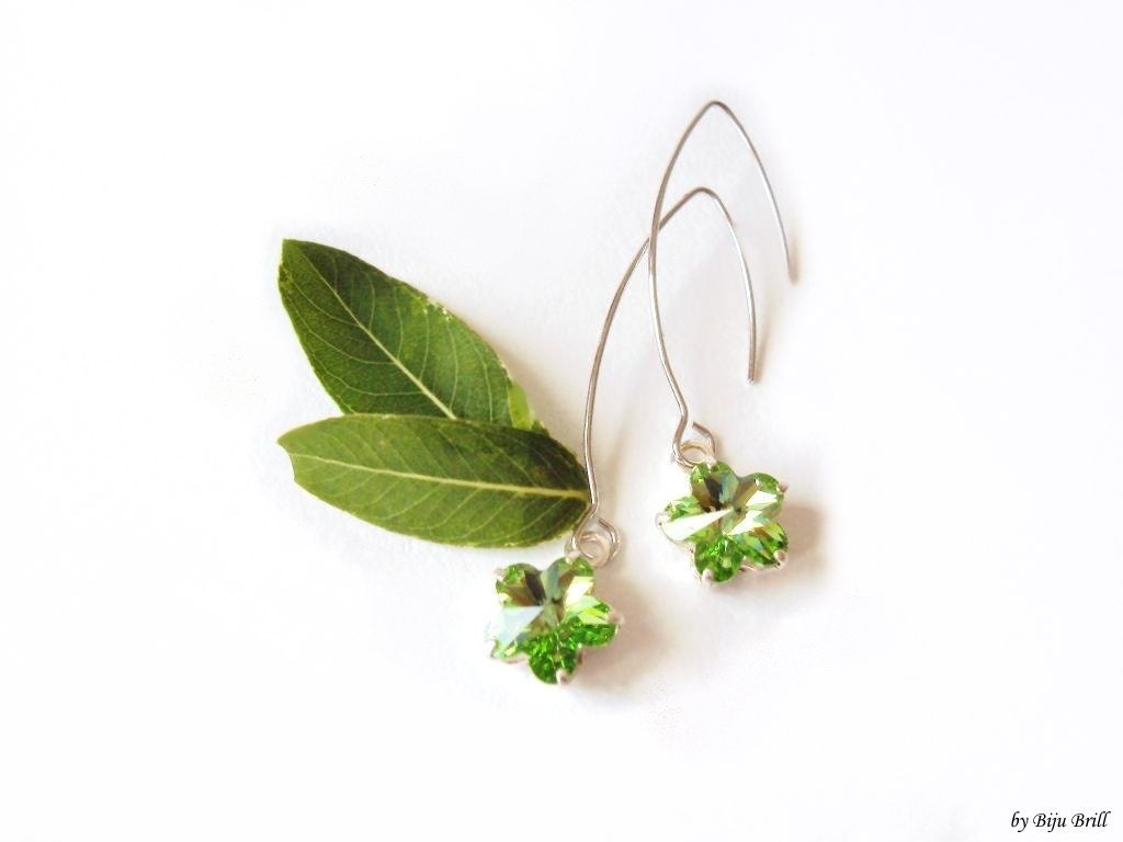 Green Flower Dangle Earrings - Romantic Bright Crystal Hooks, Long Hoops, Flower Rhinestone, Drop Earrings