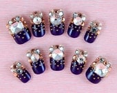 Japanese 3D Nail Art, Press On Nails, False Nails - Beautiful Purple Color Nail Tips with Big Rhinestones Hot Item (T084N)