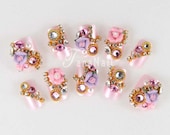 Japanese 3D Nail Art, Press On Nails, False Nails - Beautiful Pearl Pink Nail Tips with Flower & Rhinestone Decoration (T024N)